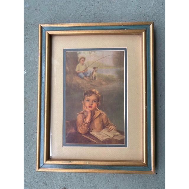 Mid-Century Modern Vintage “Daydreams of Summer” Framed Lithograph – Mid-Century Child Portrait in Teal & Gilt Frame For Sale - Image 3 of 7