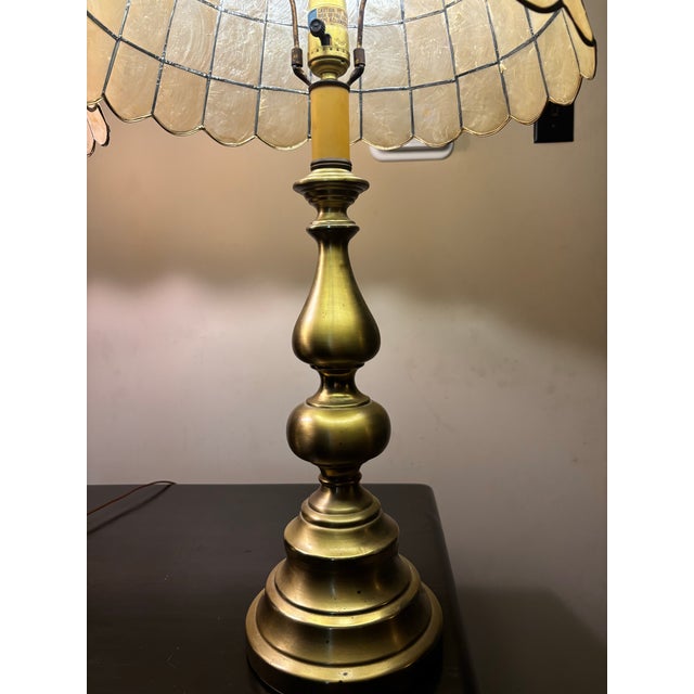 Vintage Brass Capiz Shell Lamp Set For Sale - Image 11 of 12