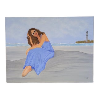 Lady in Blue Dress at the Beach by Susan B. For Sale