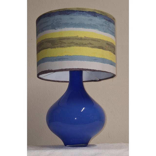 Vintage Table Lamp with Internally Illuminated Blue Glass Base and Fabric Shade, 1970s For Sale - Image 3 of 8