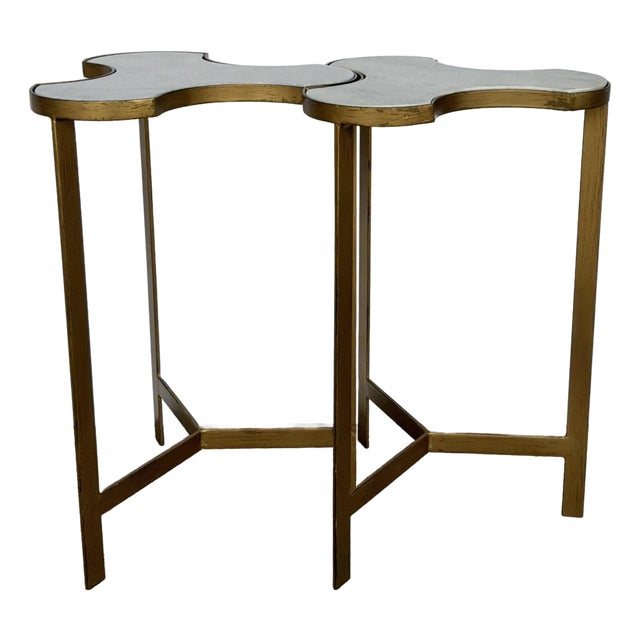 Global Views Modern Gold and White Marble Link Bunching Table Pair For Sale