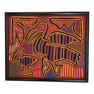 Panama Kuna Indian Reverse Stitch Framed Bird and Baby Wall Art For Sale