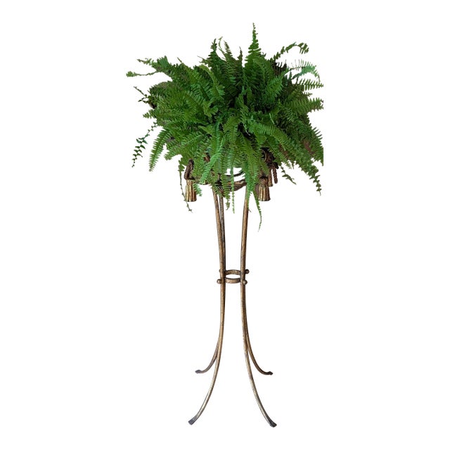 Vintage Gilded Cast Iron Fern/Plant Pedestal Stand Rope and Tassel Detail For Sale