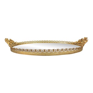 Large Oval Vanity Perfume Dresser Tray - Gold Gilt Brass Ormolu Filigree Roses For Sale