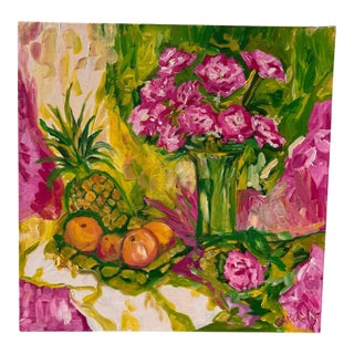 Large Signed Modern Floral and Fruit Still-Life Painting on Canvas, 24" For Sale