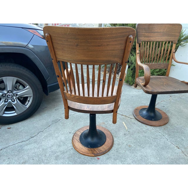 Wood Antique Oak Courtroom Juror Chairs Set of 3 Cast Iron Base Early 1900s For Sale - Image 7 of 18