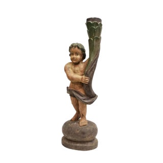 18th Century Spanish Colonial Carved Putti Newel Post Torchere Statue For Sale