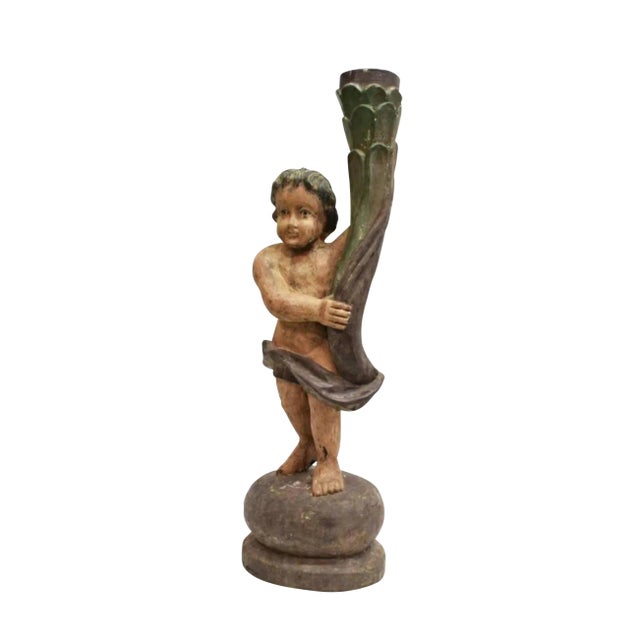 18th Century Spanish Colonial Carved Putti Newel Post Torchere Statue For Sale