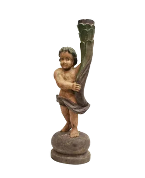 18th Century Spanish Colonial Carved Putti Newel Post Torchere Statue