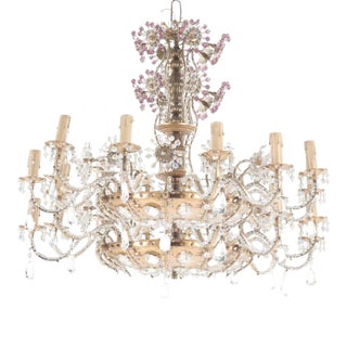 A Twelve Arm Brass and Glass Beaded Chandelier With Amethyst Beads Circa 1950. For Sale