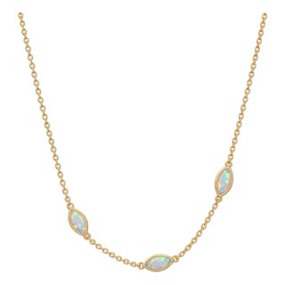 Marquise Opal Station Necklace | 18k Gold Plated Bezel Set 3 Stone Opal Chain | Dainty Minimalist October Birthstone Layering Necklace for Her For Sale