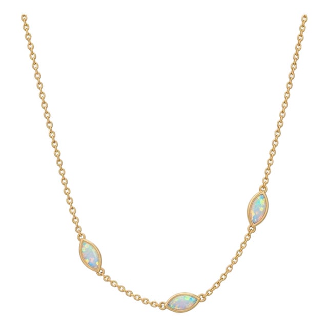 Marquise Opal Station Necklace | 18k Gold Plated Bezel Set 3 Stone Opal Chain | Dainty Minimalist October Birthstone Layering Necklace for Her For Sale