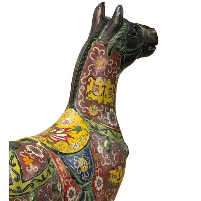 Maroon Vintage Oriental Chinese Reddish Maroon Cloisonne Metal Horse Figure For Sale - Image 8 of 14