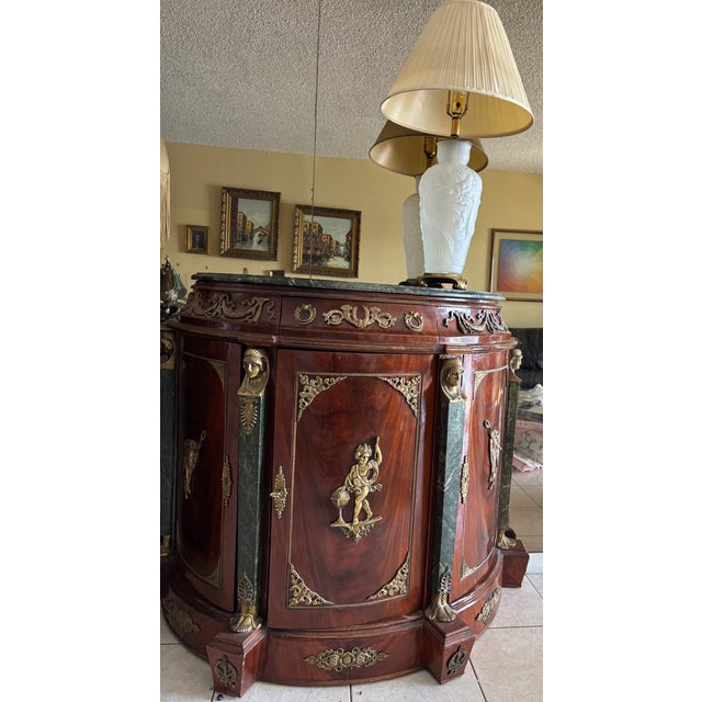 Vintage French Empire Style Demilune Marble Top Bar Cabinet With Bronze Ormolu For Sale In Miami - Image 6 of 8