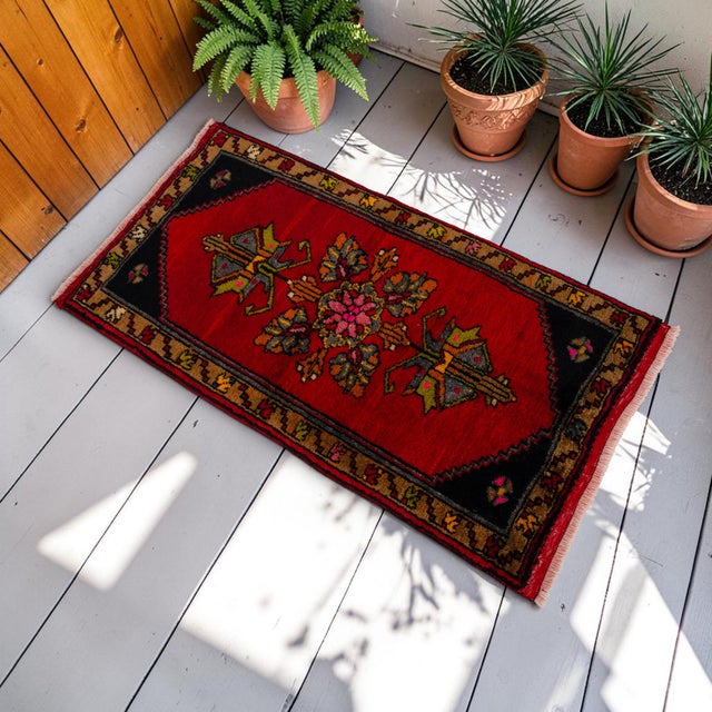 Hand Knotted Small Turkish Rug. Organic Wool 1960's Entryway Decor DoorMat, Accent Rug - 22'' X 42'' For Sale - Image 4 of 12