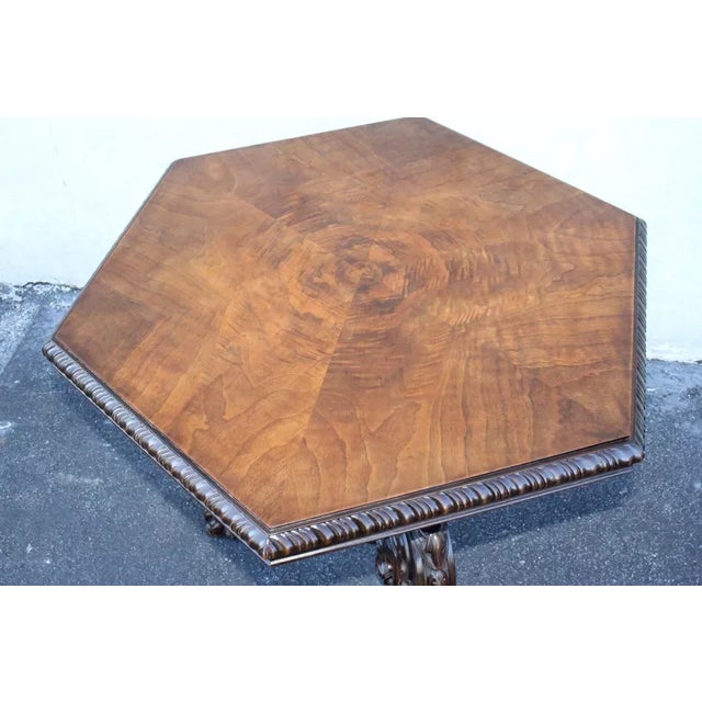 English Burl Walnut Carved Center Side Table, 19th C. For Sale - Image 4 of 10