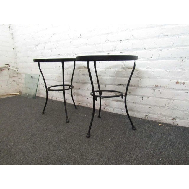 Vintage pair of sturdy black metal side tables, for indoor or outdoor use. WEAR Wear consistent with age and use. Minor...