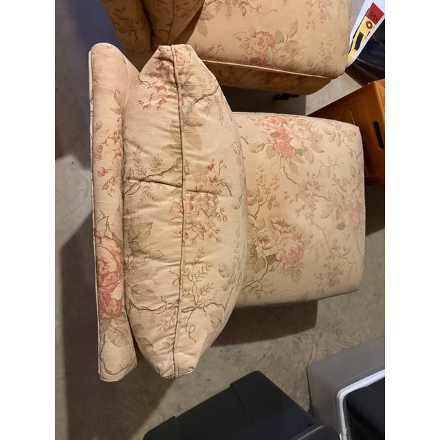 Pair of Vintage Floral Slipper Chairs With Turned Legs & Brass Casters For Sale - Image 9 of 17