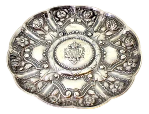 Silver Wall Tray with Portuguese Coat of Arms in Relief and Pearl Frieze with Floral Motifs