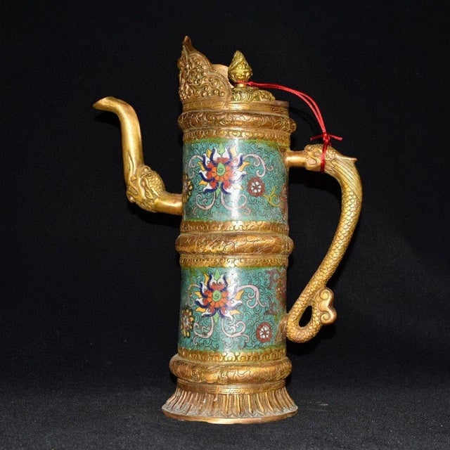 Vintage Asian Cloisonné Gilt Bronze Tibetan Butter Tea Pot - Himalayan Monk's Ewer For Sale - Image 9 of 9