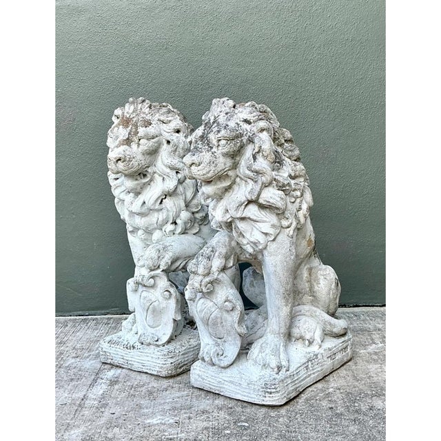 Mid 20th Century Vintage Italian Cast Cement Lion Statues - A Pair For Sale - Image 5 of 12