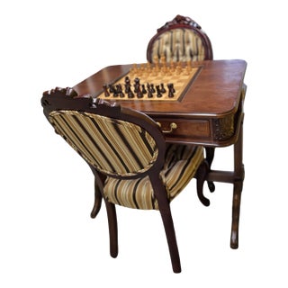 1970s Vintage Carved Wood Chess & Game Table With Two Matching Upholstered Chairs - Set of 3 For Sale