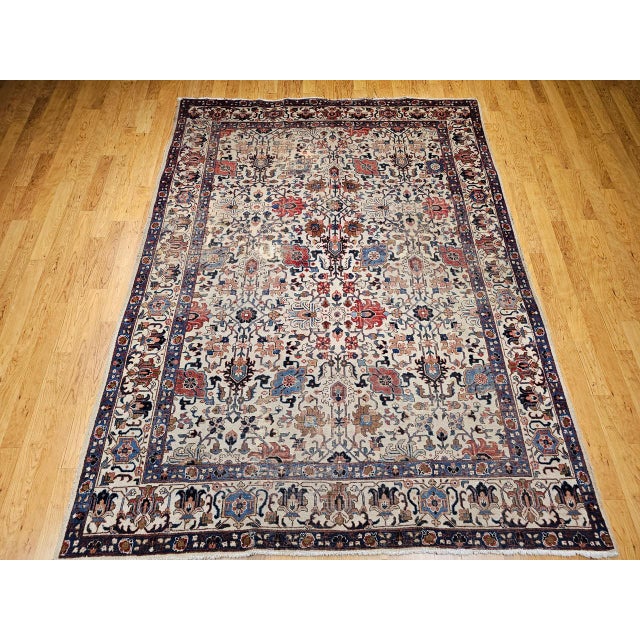 Vintage Tabriz Rug, Hand-Knotted Wool, Allover Geometric Pattern, Ivory & Blue, 8x10 For Sale - Image 12 of 18