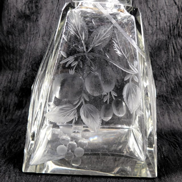 Mid-Century Modern 1950s Cut Crystal Decanter With Etched Fruit Design For Sale - Image 3 of 7