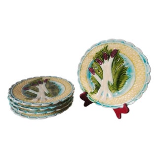 Antique French Asparagus Barbotine Plate from Salins, 1900s, Set of 4 For Sale