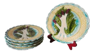Antique French Asparagus Barbotine Plate from Salins, 1900s, Set of 4