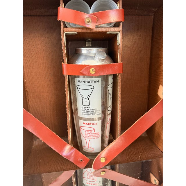 Metal Rare Vintage 1940's Mad-Men Style Maximillian Leather Portable Bar Suitcase Complete With Original Glasses and Shaker For Sale - Image 7 of 11