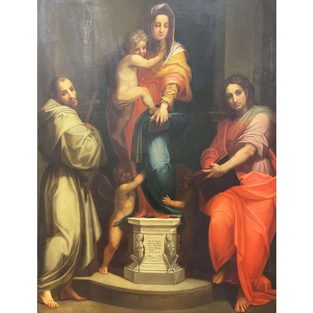This impressive antique religious painting was crafted in Italy circa 1850 and is a large oil on canvas after Andrea del...