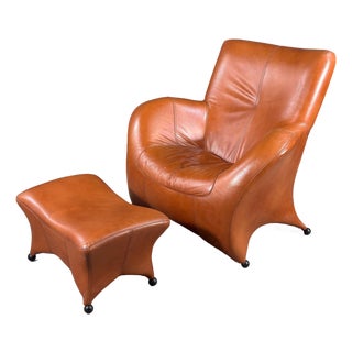 Gerard Van Den Berg Style Leolux Cognac Leather Lounge Chair and Ottoman, Netherlands, 1990s For Sale