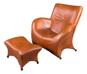 Gerard Van Den Berg Style Leolux Cognac Leather Lounge Chair and Ottoman, Netherlands, 1990s