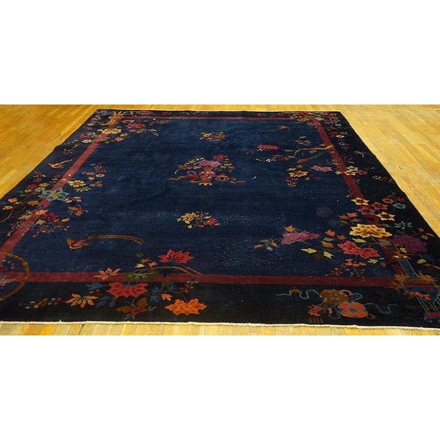 Antique Chinese - Art Deco rug, size: 8'9" x 11'6". Antique Art Deco Chinese Floral Blue Navy 1920s Rug, Circa Date:...