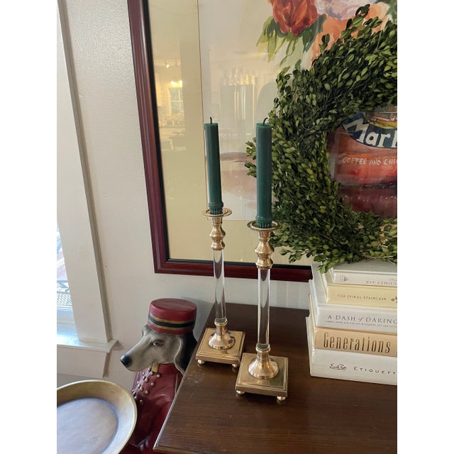 Modern 1970’s Hollywood Regency Lucite and Brass Candle Sticks - a Pair For Sale - Image 3 of 8