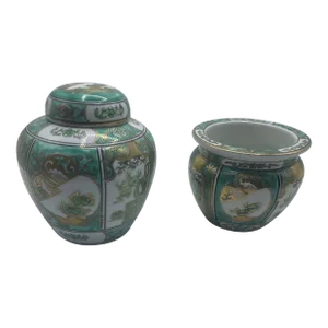 Vivid Emerald & Gold Imari Porcelain Set – Hand-Painted Japanese Vintage