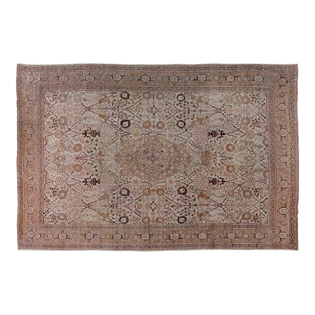 Antique Persian Tabriz Botanic Gray Handmade Wool Rug For Sale