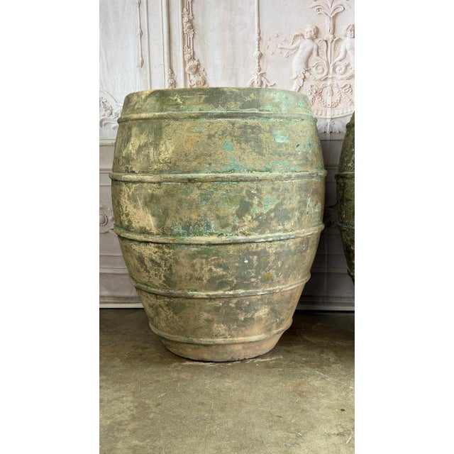 Mediterranean Barreal Jars - Verdigris Patinated Terracotta Olive Vassels For Sale - Image 13 of 17