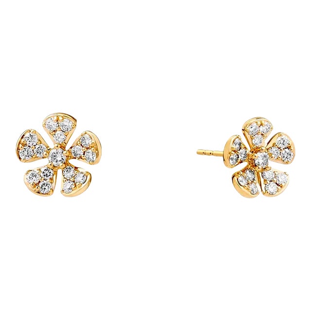 Syna Yellow Gold Jardin Flower Studs with Diamonds, a Pair For Sale