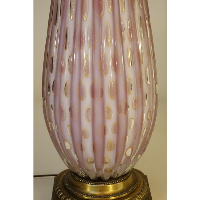 1960s Rare Xxlarge Massive Pink "Costolato" Barovier Toso Murano Italy Bubble Blown Art Glass Brass Table Lamp For Sale - Image 9 of 13