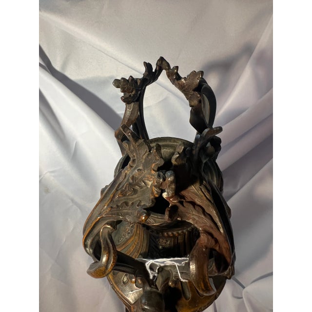 Antique Dark Patinated Brass Decorative Urn With Wood Base For Sale - Image 9 of 11