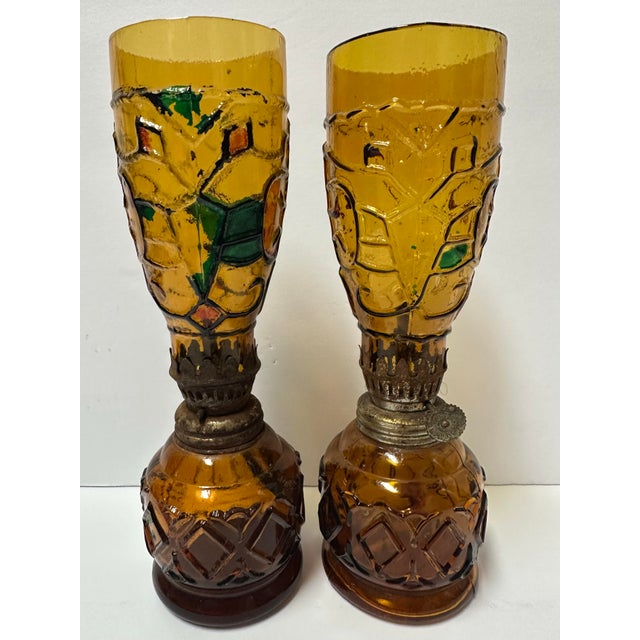 Vintage 1960s/70s Miniature Amber Stained Glass Oil Lanterns- Set of 2 For Sale - Image 4 of 8