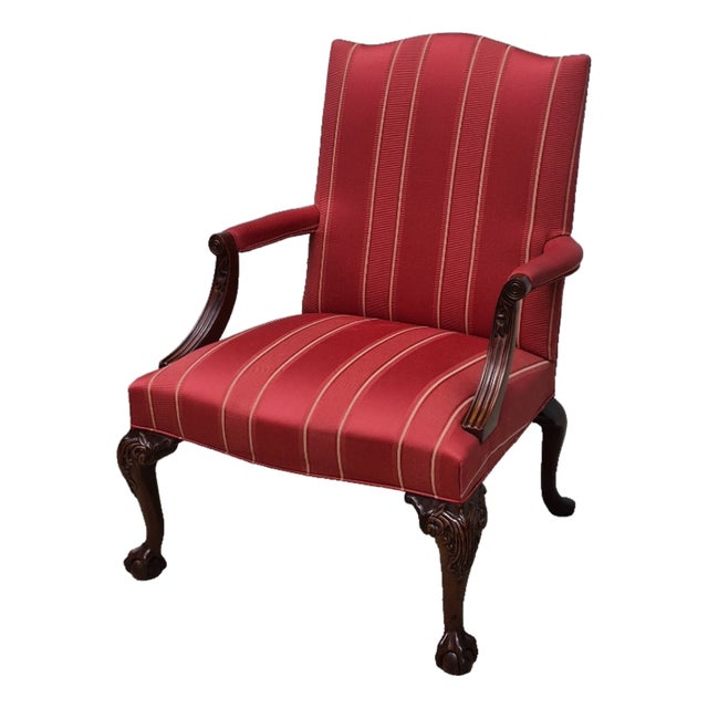1990s Hickory Chair Chippendale Carved Mahogony Gainsborough Library Arm Chair Claw & Ball Feet For Sale