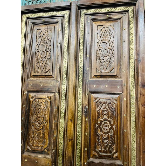 Antique Indian Temple Doors Hand Carved Om Double Doors – Ornate Rustic Wood Entryway 82 For Sale - Image 4 of 7