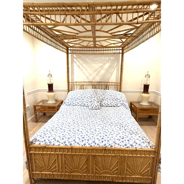 Chinese Chippendale Fretwork Rattan Queen Bedframe For Sale In Miami - Image 6 of 11