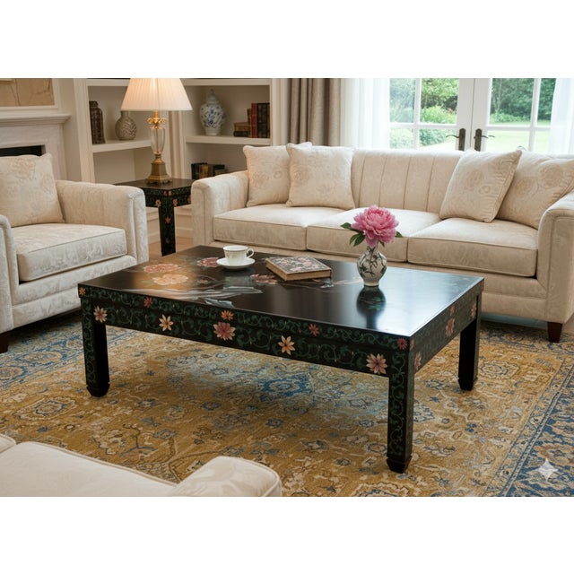 1970s Chinese Black Lacquer Flower Birds Graphic Rectangular Low Coffee Table For Sale - Image 13 of 13