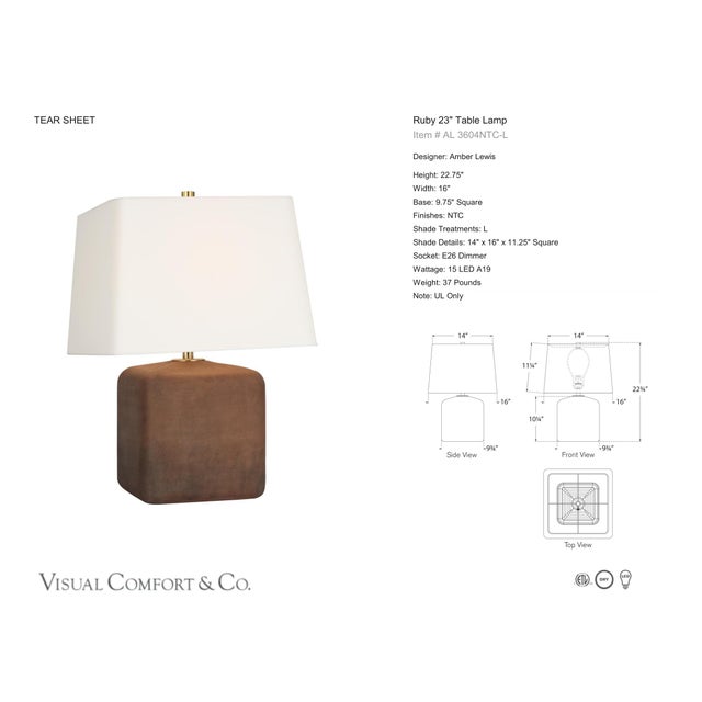 Amber Lewis by Visual Comfort Signature Ruby 23" Table Lamp in Natural Terracotta with Linen Shade Designer: Amber Lewis...