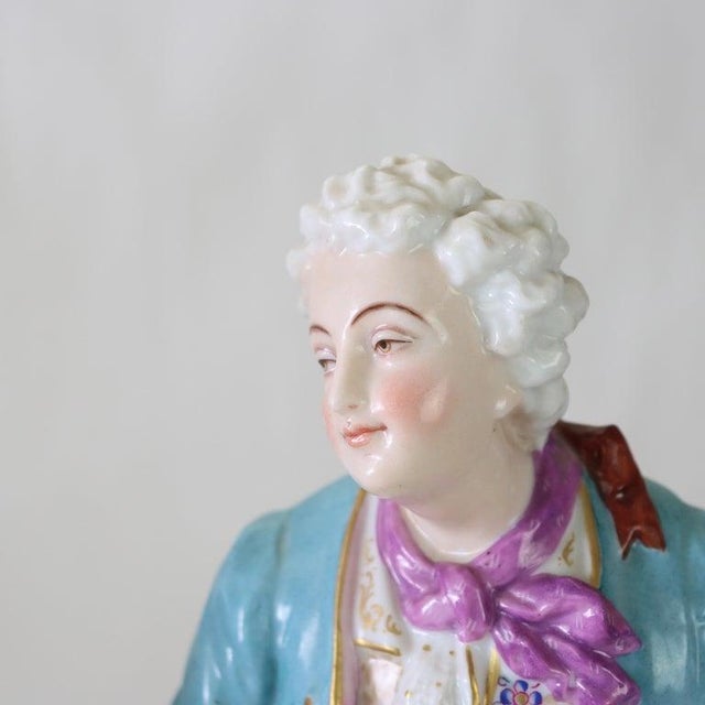 Rococo Pair of Large Meissen Style Porcelain Figures of Woman & Man Gardeners C1890 For Sale - Image 3 of 9