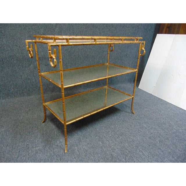 Metal Hollywood Regency Gilt Iron Faux Bamboo Bar Cart For Sale - Image 7 of 9